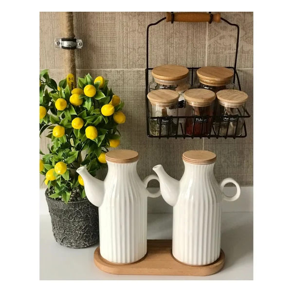 Kitchen Pembelia Ahşap Standlı 2ADET 1 Lt Porselen Yağdanlık Set((3'lu Yağdanlık Set) - Beyaz - Görsel 2