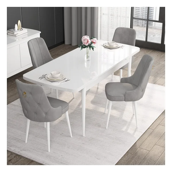 Canisa Concept Noa Serisi, 80x132 Açılabilir Mdf Masa, Beyaz Mutfak Masa Takımı, 4 Gri Sandalye - Görsel 2