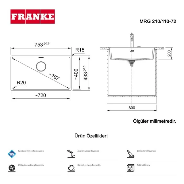 Franke Maris MRG 210/110-72 Stone Grey Granit Eviye - Görsel 8