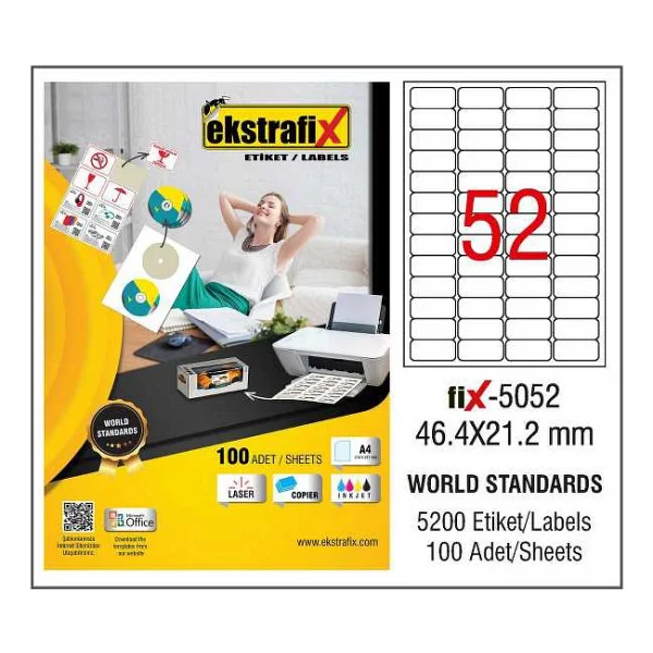 Ekstrafix FIX-5052 46.4x21.2 mm 52'li 100 Sayfa A4 Lazer Etiket - Görsel 2