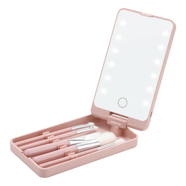 PoloSmart PSC21 Led Işıklı Şarjlı Makyaj Aynası + Fırça Seti Pembe - Görsel 4