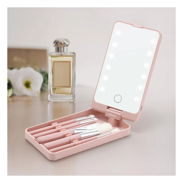 PoloSmart PSC21 Led Işıklı Şarjlı Makyaj Aynası + Fırça Seti Pembe - Görsel 3