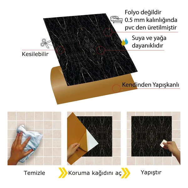 Tink Kendinden Yapışkanlı Kesilebilir Mermer 001 Desenli Pvc Karo 30x30 cm 11 Adet 1m2 - Görsel 3