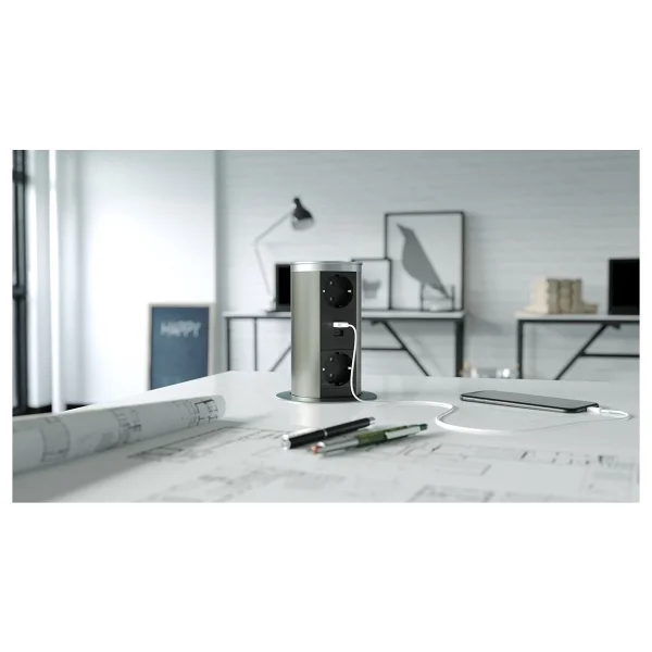 Metalline Tower-Line Bas-Aç Masaüstü Priz Kutusu USB-A , USB-C - Gümüş - Görsel 3