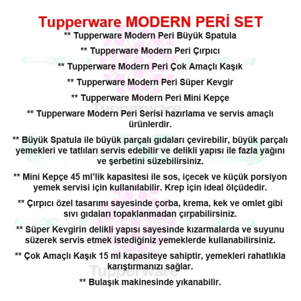 Tupperware Modern Peri Mutfak Gereçleri 5'li Kaşık Kepçe Kevgir Çırpıcı Spatula - Görsel 3