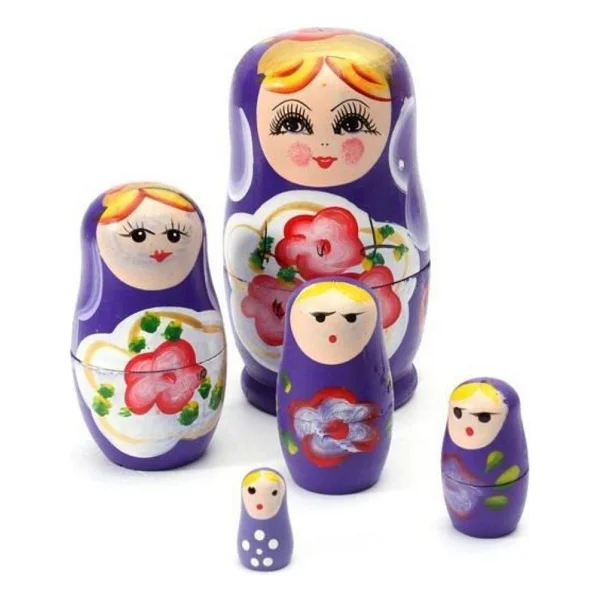 Dünyadan Hediyeler Ahşap Matruşka Bebek Beşli Set Mor - Bej - Görsel 3