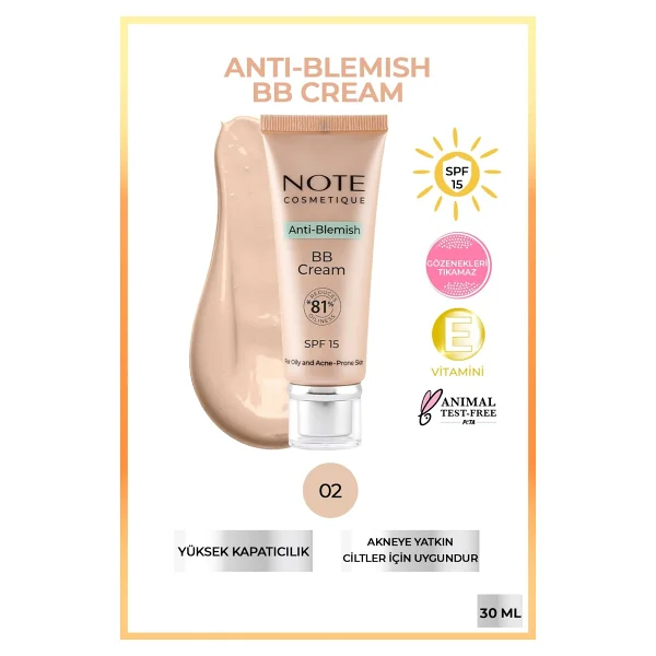 Note Anti-Blemish Akneye Yatkın Ciltler 02 Light SPF 15 30 ml BB Krem - Görsel 3