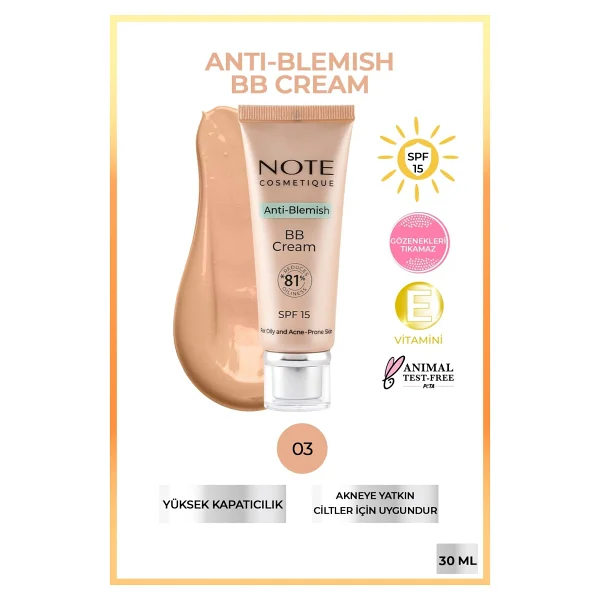 Note Anti-Blemish Akneye Yatkın Ciltler SPF 15 30 ml BB Krem - Görsel 6