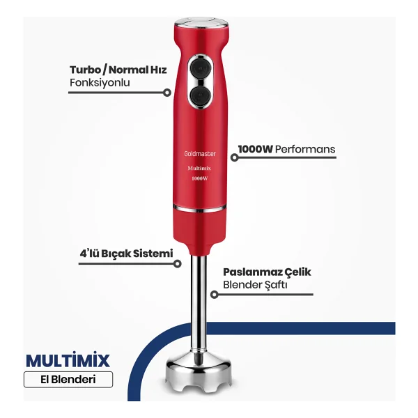Goldmaster Multimix Kırmızı 1000 W El Blender - Görsel 2