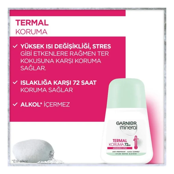 Garnier Mineral Roll-On Deodorant - 72 Saat Etkili, Ferah Koku ve Termal Koruma, Kadınlar için Pudrasız, 50 ml (Tekli) - Görsel 4
