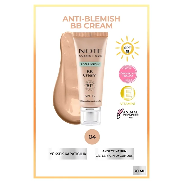 Note Anti-Blemish Akneye Yatkın Ciltler 04 Beige SPF 15 30 ml BB Krem - Görsel 2