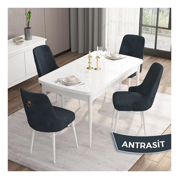 Are Serisi, 80X132 Açılabilir Mdf Beyaz Yemek Odası Takımı, 4 Sandalye Gold Halkalı - 80 x 132 cm - Mürdüm - Görsel 9