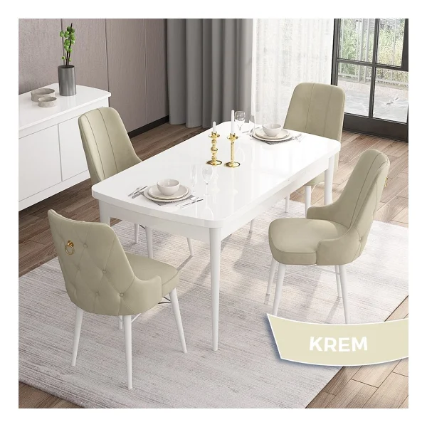 Are Serisi, 80X132 Açılabilir Mdf Beyaz Yemek Odası Takımı, 4 Sandalye Gold Halkalı - 80 x 132 cm - Mürdüm - Görsel 10