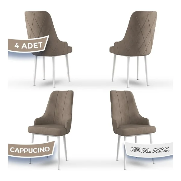 Canisa Concept Trex Serisi Babyface Kumaş Beyaz Metal Ayak 4 Adet Sandalye - Cappucino - Görsel 5