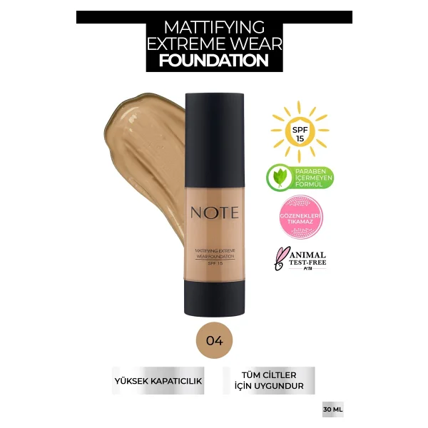 Note Mattifying Extreme Wear SPF 15 04 Sand 35 ml Likit Fondöten - Görsel 3