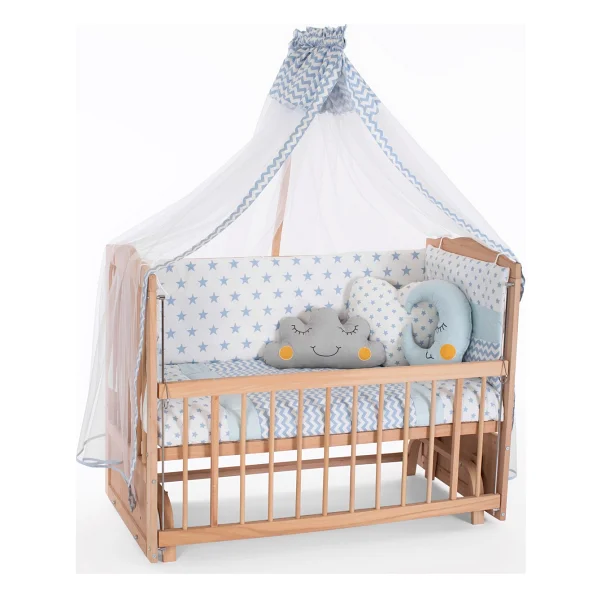 Bamgidoo Ahşap Organik Beşik Anne Yanı Beşik 3 Kademeli Lüx Bebek Beşiği 60 x 120 cm - Mavi Yıldız Uyku Setli & Soft Yataklı - Görsel 2