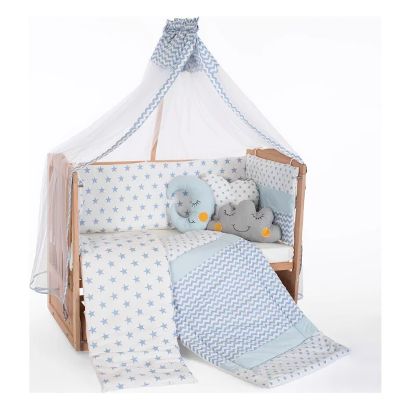Bamgidoo Ahşap Organik Beşik Anne Yanı Beşik 3 Kademeli Lüx Bebek Beşiği 60 x 120 cm - Mavi Yıldız Uyku Setli & Soft Yataklı - Görsel 7