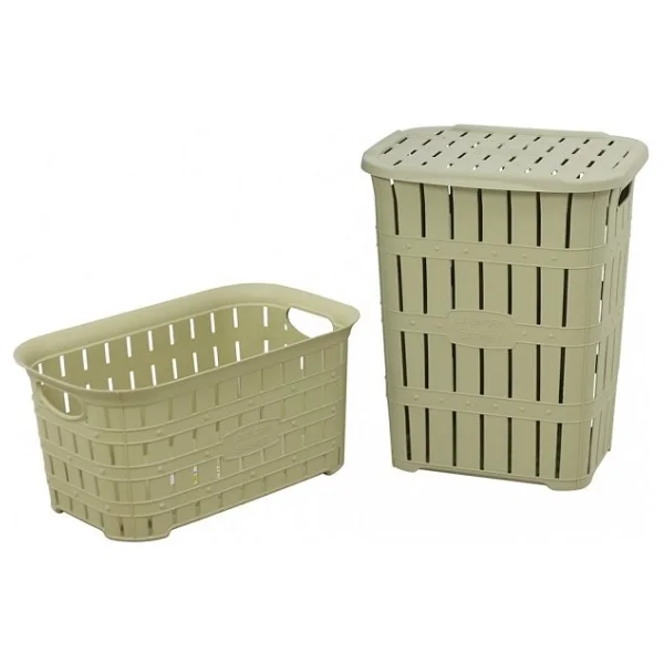 Sağlam Plastik Bambu Görünümlü Kirli Çamaşır Sepeti- Çamaşır sepeti 2'li Set Kahverengi - Görsel 4