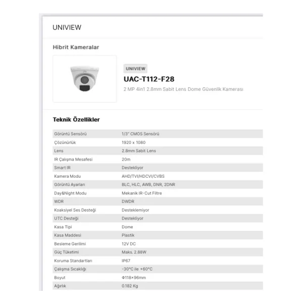 Uniview UAC-T112-F28 2 MP 2.8mm Lens Full HD Dome Güvenlik Kamerası - Görsel 3
