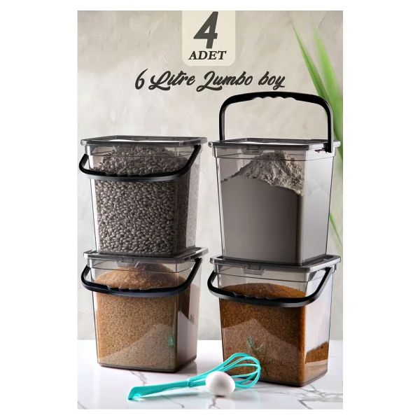 Kitchen Life Mega Boy 4'lü Kare Un Bakliyat Kabı ( 6 Litre ) - Kulplu Deterjanlık Saklama Kutusu Kabı Un Kovası Siyah - Görsel 2