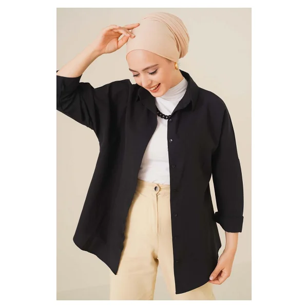Bigdart Kadın Siyah Oversize Tesettür Gömlek - %70 Pamuk %30 Polyester, Düz Desen ve Rahat Kesim - 36 - Görsel 6