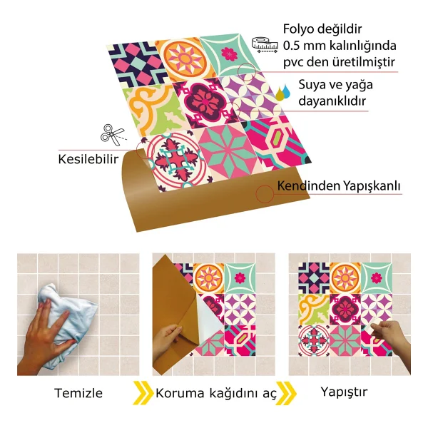 Tink Kendinden Yapışkanlı Colorful Desenli Pvc Karo 30X30 cm (56 Adet) 5m2 - Görsel 3