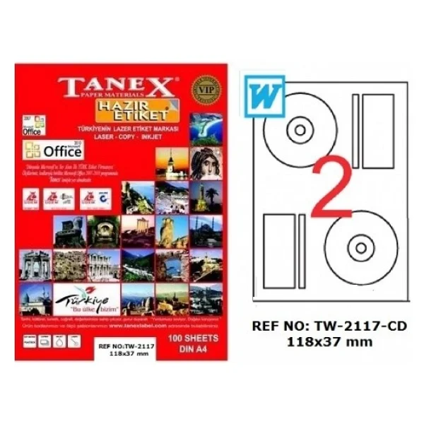 Tanex TW-2117 118x37 mm 100 Sayfa Lazer Etiket - Görsel 2
