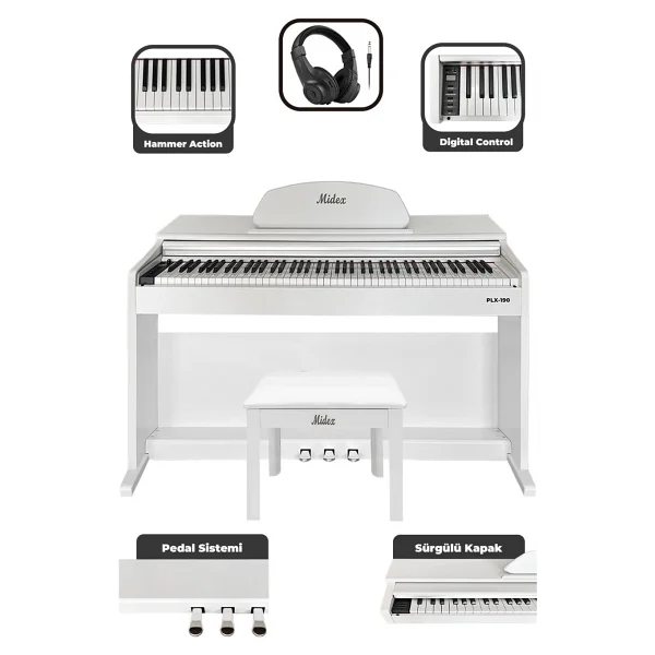Midex PLX-190WH 88 Tuşlu Çekiç Aksiyonlu Bluetooth Beyaz Dijital Piyano - Görsel 3