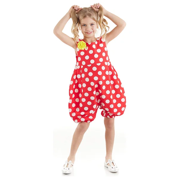 Denokids Kırmızı Beyaz Puanlı Kız Çocuk Balon Tulum - Kırmızı - Beyaz - 2 Yaş - Görsel 6