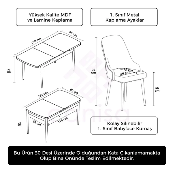 Canisa Concept Tia Serisi, Siyah Mermer Desen 80X132 Açılabilir Mdf Yemek Odası Takımı 6 Sandalye Gümüş Detay - Görsel 6