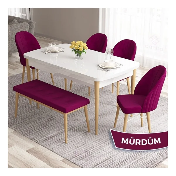 Canisa Concept Roz Serisi 80X132 Mdf Beyaz Mutfak Masası Takımı Beyaz Kafesli 4 Sandalye 1 Bench - Krem - Görsel 7