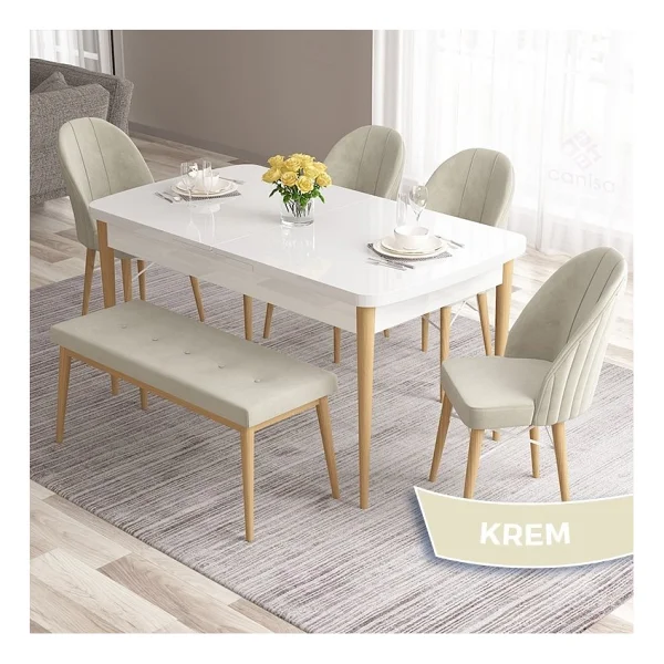 Canisa Concept Roz Serisi 80X132 Mdf Beyaz Mutfak Masası Takımı Beyaz Kafesli 4 Sandalye 1 Bench - Krem - Görsel 8