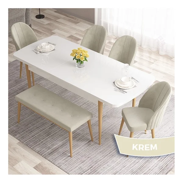 Canisa Concept Roz Serisi 80X132 Mdf Beyaz Mutfak Masası Takımı Beyaz Kafesli 4 Sandalye 1 Bench - Krem - Görsel 2