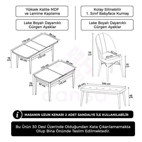 Canisa Concept Roz Serisi 80X132 Mdf Beyaz Mutfak Masası Takımı Beyaz Kafesli 4 Sandalye 1 Bench - Krem - Görsel 5