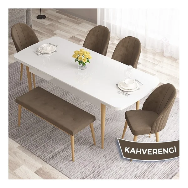 Canisa Concept Roz Serisi 80X132 Mdf Beyaz Mutfak Masası Takımı Beyaz Kafesli 4 Sandalye 1 Bench - Krem - Görsel 9