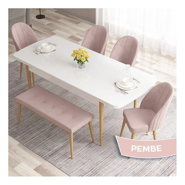 Canisa Concept Roz Serisi 80X132 Mdf Beyaz Mutfak Masası Takımı Beyaz Kafesli 4 Sandalye 1 Bench - Krem - Görsel 10