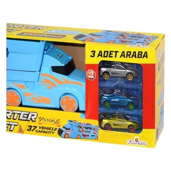 3 Katlı Sürat Pistli Tır 3 Arabalı Çocuklar Için Garaj Otopark Yarış Pisti Eğitici Oyun Seti Transporter Tır - Mavi - Görsel 3