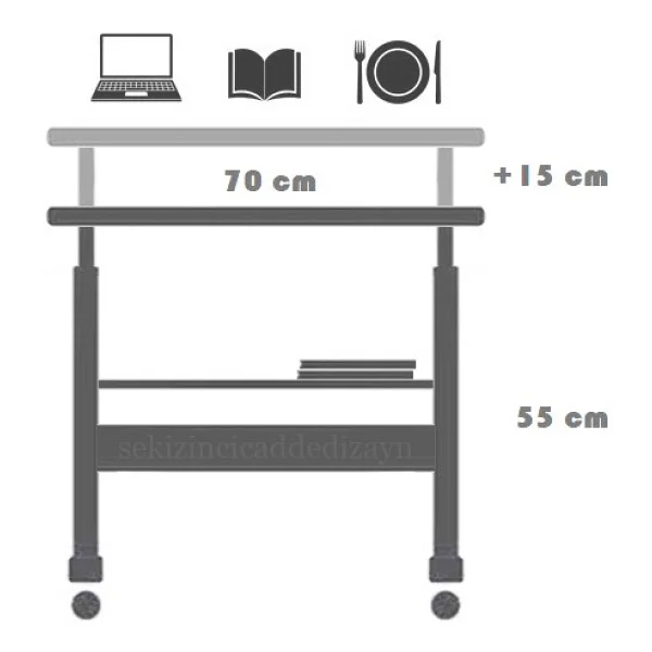 servetavcı Yükseklik Ayarlı ve Çift Raflı Laptop Sehpası ve Çalışma Masası - Atlantik Çam (Tekerli) 70 x 40 cm - 70x40 - Görsel 2