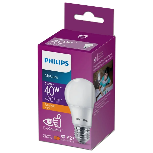 Philips MyCare LED Ampul 5.5W 470 Lumen 2700K Sarı Işık A60 E27 Duy (40W Eşleniği) Yerli Üretim - Görsel 3