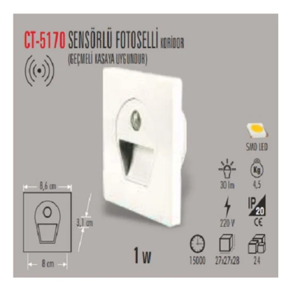 Cata CT-5170 1 W Beyaz Kasa Sensörlü Mavi Işık LED Armatür - Görsel 2