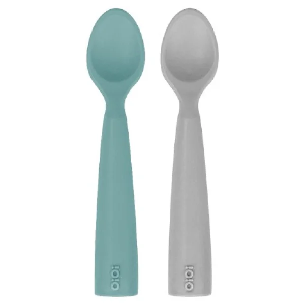 OiOi 6+ Ay İçin Ergonomik Tasarımlı Nam Nam Kaşık 2'li Aqua Green - Powder Grey Yumuşak Silikon - Gri - Görsel 3