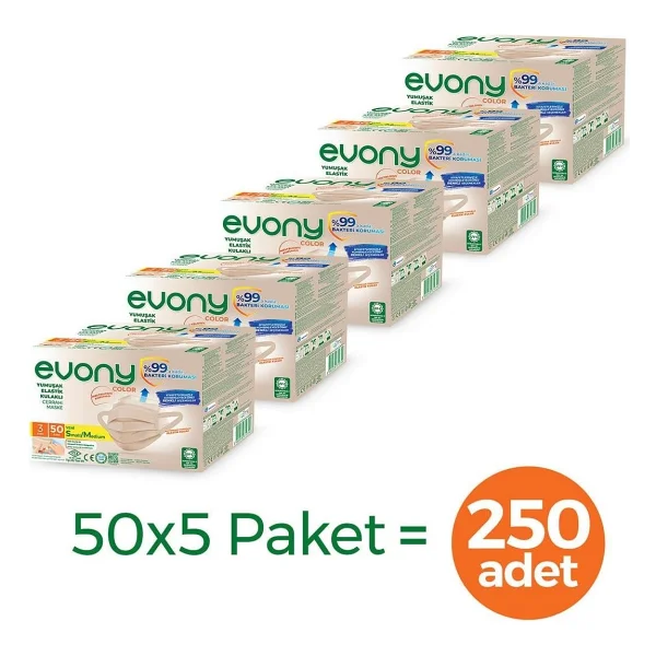 Evony Color Yumuşak Elastik Kulaklı Bej 50'li 5 Paket Maske - Görsel 2