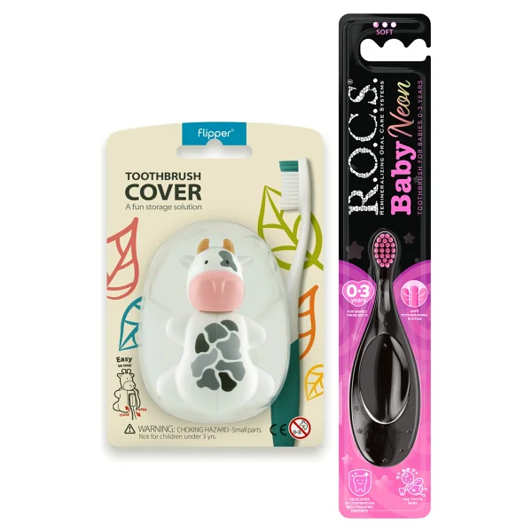 R.O.C.S. Baby Neon Pembe Diş Fırçası 0-3 Yaş İçin Flipper Hijyenik Saklama Kabı Seti - Inek - Görsel 7