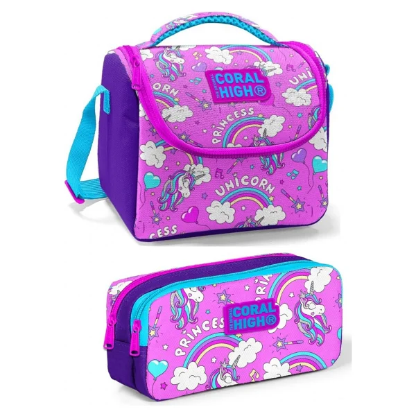 Coral High Pembe Mavi Kız ve Unicorn Kız Çocuk Beslenme Çantası Seti - Pembe Unicorn ve Kız - Görsel 3