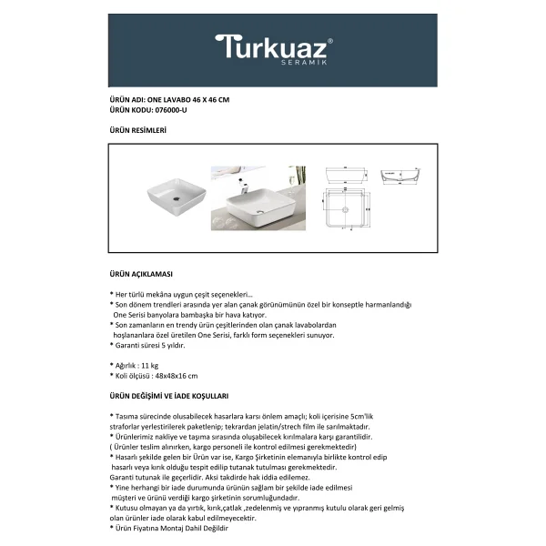Turkuaz Seramik One 46x46 cm Tezgah Üstü Kare Çanak Lavabo - Görsel 6