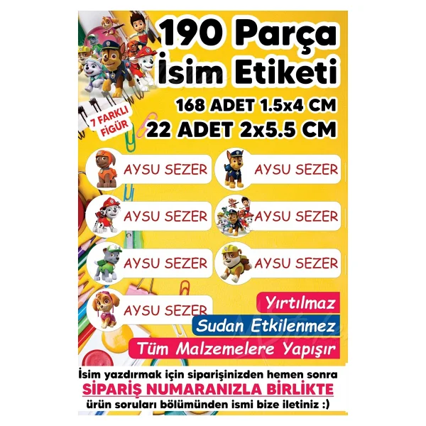 Msticker Paw Patrol Temalı İsim Yazılabilen Okul Etiketi 190 Adet Kalem Defter Etiketi - Görsel 5