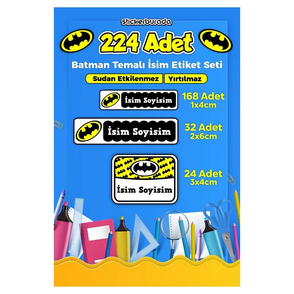 Sb Store Batman Okul Kreş İsim Etiketi Kalem Defter Özel İsim Yazılabilen Etiket Seti Model 3 - 224 Adet - Görsel 5