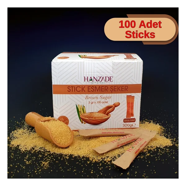 Hanzade Bitkisel Stick Kahverengi Esmer Şeker 100 Sticks 300 G - Görsel 3