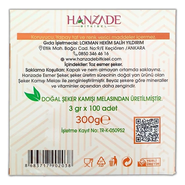 Hanzade Bitkisel Stick Kahverengi Esmer Şeker 100 Sticks 300 G - Görsel 5