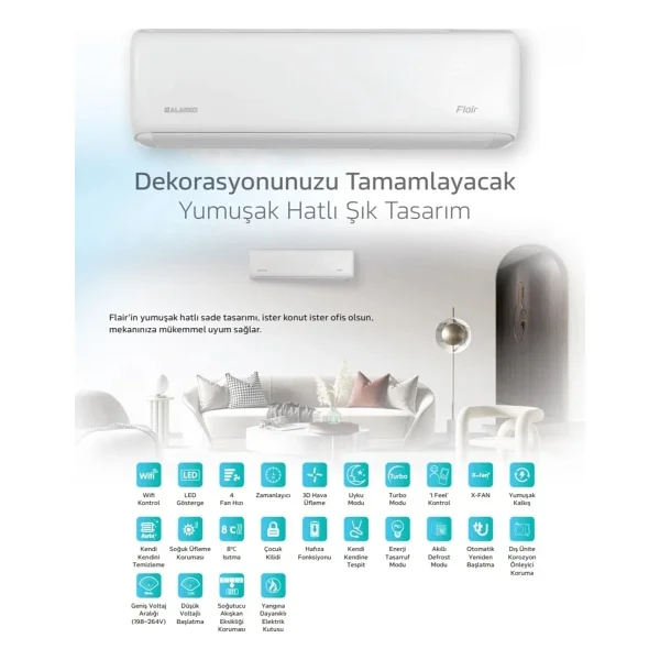 Alarko Flair FLR0901HW Wi-Fi A++ 9000 BTU Inverter Duvar Tipi Klima - Görsel 2